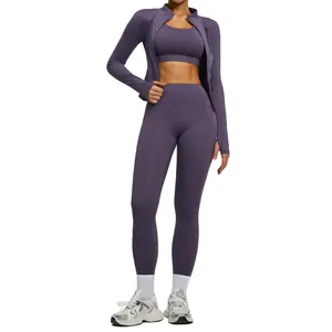 Completo sportivo viola 3 pezzi con leggings a vita alta e giacca per yoga e palestra