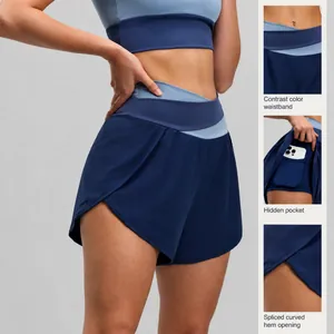 High waisted color block yoga shorts for women with hidden phone pocket and side slit