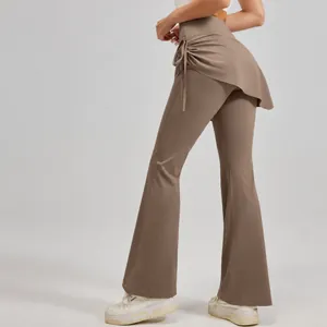 Women High Waist Flare Yoga Pants With Ruched Drawstring Fake Two Piece Butt Lift Fitness Bottom