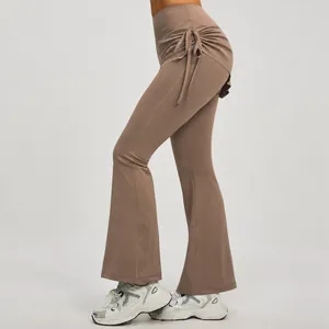 High waist ruched flare yoga pants with fake two-piece design for Pilates and fitness