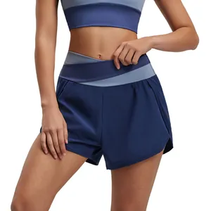 High-waisted color-block yoga shorts with crossover waistband for gym workout and fitness