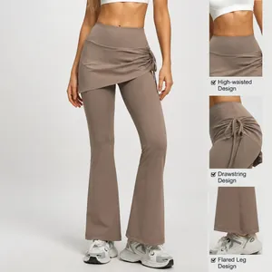 High-waisted flared yoga pants with fake two-piece skirt overlay and drawstring design