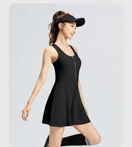 Robe de tennis athlétique noire élégante avec fermeture éclair et design sportif sans manches