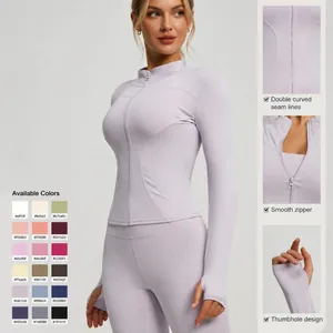 Slim fit women's purple yoga jacket with thumbhole cuffs and smooth zipper closure