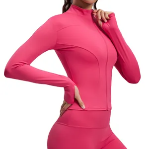 Slim fit hot pink yoga jacket with full zip and thumbholes for women's gym fitness