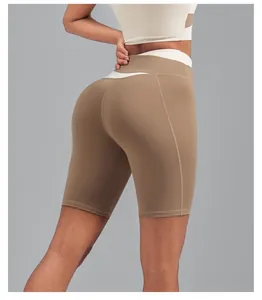 Close-up view of high-waist yoga biker shorts featuring a peach butt lifting design