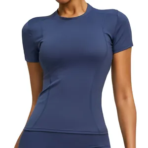 Slim fit athletic women's short sleeve yoga top for fitness and running in deep navy blue