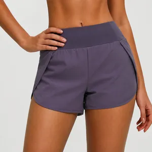 Women's Fake Two Piece Sports Shorts With Pockets High Waisted Yoga Running Fitness Breathable Quick Dry Athletic Bottom