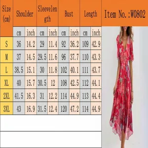 Detailed size chart for floral V-neck dress with measurements in cm and inches