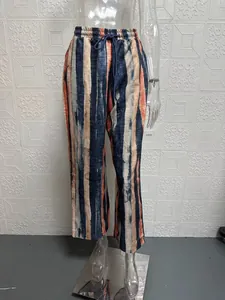 Lässige gestreifte Baumwoll-Leinen-Hose mit bequemem elastischem Kordelzug an der Taille