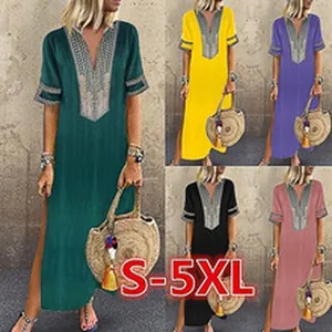 Abito lungo stile etnico scollo a V manica corta con spacchi laterali e ricami S-5XL