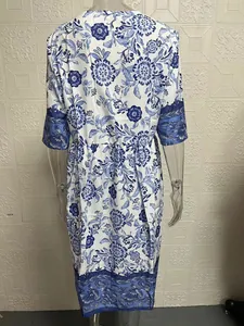 Rear view of an elegant blue and white floral print midi dress for women, casual style