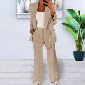 Elegant khaki slim-fit women's blazer and trouser suit set for 2024 autumn winter fashion