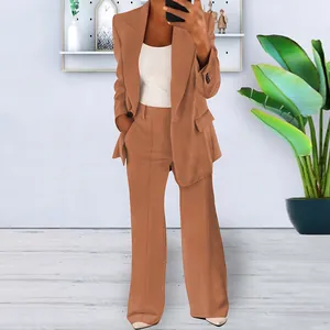 Elegant slim-fit brown women blazer and trousers two-piece suit set for office fashion