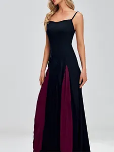 Elegant black and burgundy color block spaghetti strap maxi dress with flowy hem