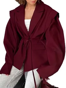 Elegant burgundy V-neck blazer with waist tie and exaggerated shoulders for women