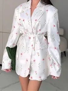 Elegant white floral print blazer for women featuring waist tie belt and classic V-neckline