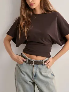 T-shirt à manches chauve-souris marron chocolat, haut d'été décontracté à col rond.