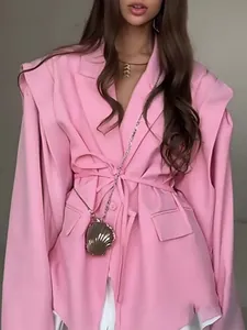 Stylish pink waist-tie blazer jacket with V-neck and layered shoulder design.