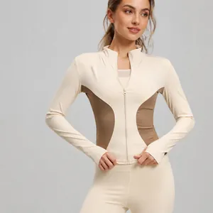 Dames Slim Fit Kleurblok Sportjas Polyester Elastaan Hoge Elasticiteit Yoga Jas Met Duimgaten Opstaande Kraag Activewear Top