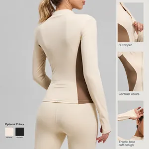 Nauwsluitende dames yoga-jas met duimgaten en kleurblokken, beige kleur achterzijde
