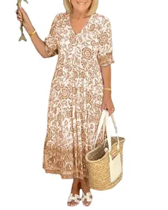 Elegant floral print V-neck maxi dress with loose fit and bohemian style design