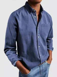 Camisa de Hombre Retro de Poliéster de Manga Larga Casual Urbano Solapa Color Sólido Parte Superior Con Botón y Bolsillo