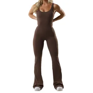 High-quality slim fit brown yoga jumpsuit featuring flared legs and seamless workout design