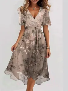 Elegant V-neck floral print casual dress for women with short sleeves and belted waist
