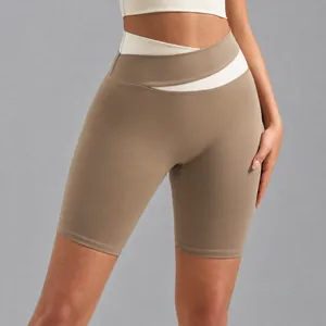 Women High Waist Cross Crossover Color Block Yoga Shorts Butt Lift High Stretch Naked Feeling Biker Shorts Sport Gym Fitness Workout Bottoms