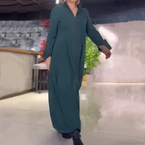 Elegant dark teal long sleeve V-neck maxi dress for women in loose fit style