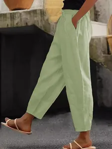 Women's casual cotton linen pants with elastic drawstring waist and side pockets in sage green