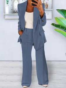 Women's stylish two-piece slim fit lapel blazer and wide-leg trousers suit set blue
