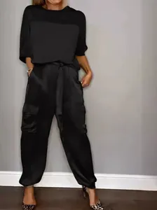 Women's elegant solid color satin two-piece set with short sleeve top and cargo pants