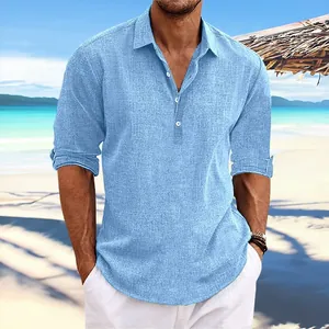 Herren Casual Baumwollmischung Langarmhemd Einfarbig Henley-Ausschnitt Atmungsaktiv Strandurlaub Mode Top Für Herren Weiches Hemd