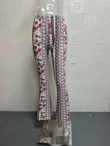 Pantaloni a zampa a vita alta con stampa floreale bohémien, eleganti rose e design geometrico