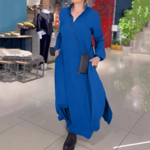 Loose solid blue V-neck long sleeve maxi dress for women elegant casual chic style
