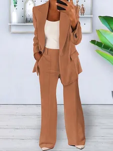 Elegant women's caramel brown two-piece suit with lapel blazer and wide leg trousers