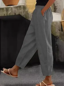 Women's casual gray cotton linen pants with elastic drawstring waist and side pockets