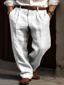 Men Casual Linen Blend Pants Pleated Front Straight Leg Solid Color Comfortable Breathable Trousers For Vacation Daily Wear