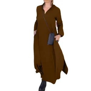 Elegant brown V-neck long sleeve loose maxi dress for autumn and winter casual wear