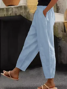Women's light blue cotton linen casual pants with elastic waist and side pockets