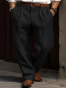 Men's premium black linen straight leg pants with double pleats for casual vacation style.