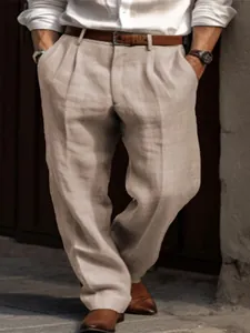 Men's breathable light beige linen trousers featuring double pleats and straight leg fit