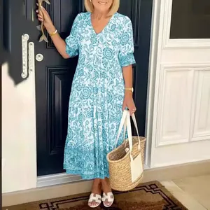 Elegant teal floral V-neck midi dress for women with a loose-fit bohemian summer style