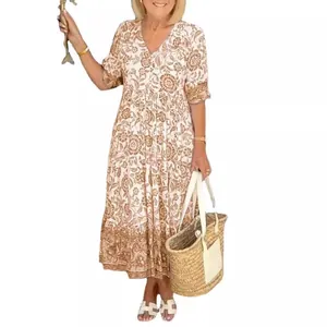 Elegant bohemian style V-neck floral print maxi dress with tiered long skirt for women