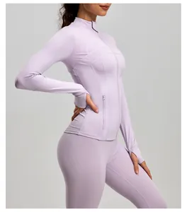 Detailed side view of slim fit lavender yoga sports jacket with stand collar and thumbholes