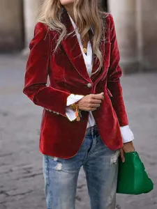 Detailed view of an elegant slim fit red velvet blazer jacket for women's autumn fashion