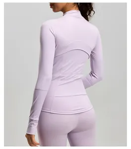 Back view detail of lavender slim-fit athletic yoga jacket with stand-up collar design