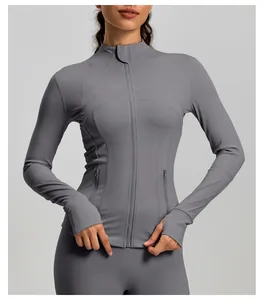 Close-up of a gray slim-fit athletic yoga jacket with a full zipper and high collar